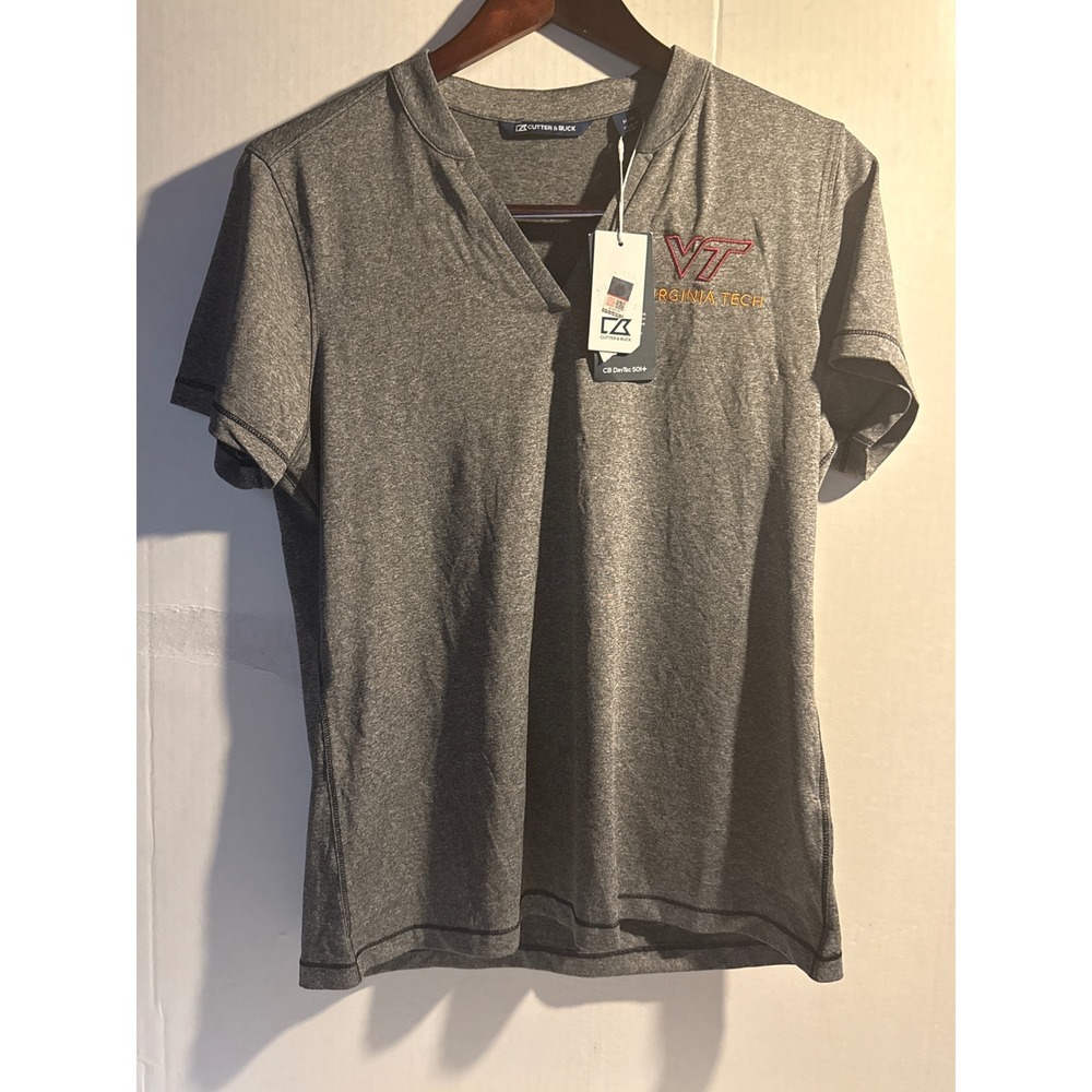 Cutter & Buck Virginia Tech Hokies Womens Gray DryTec V-Neck Polo Shirt M NEW